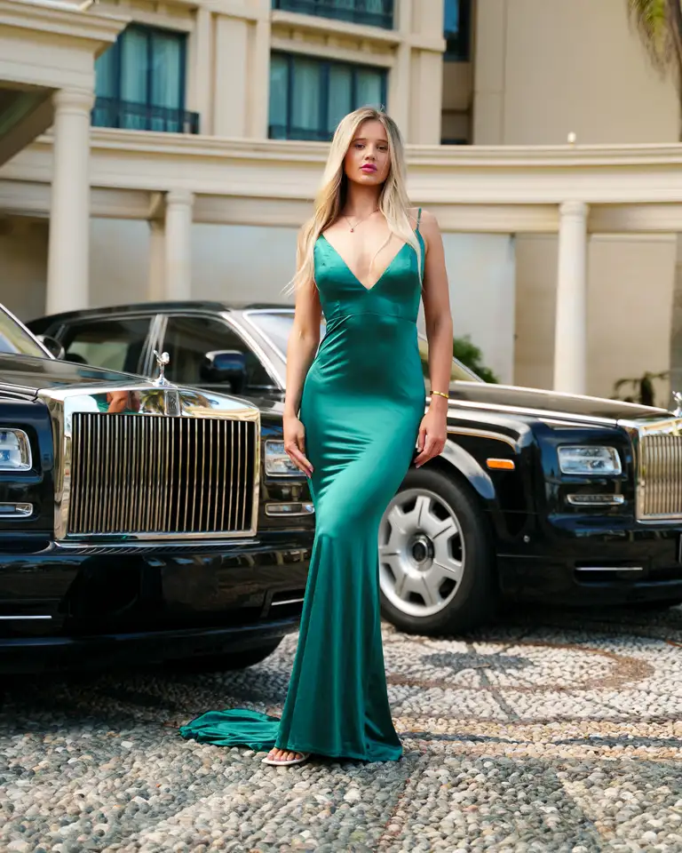 Model in an elegant green satin evening gown standing beside a Rolls-Royce for a high-end fashion editorial in South East Queensland, highlighting luxury styling and refined garment detail.