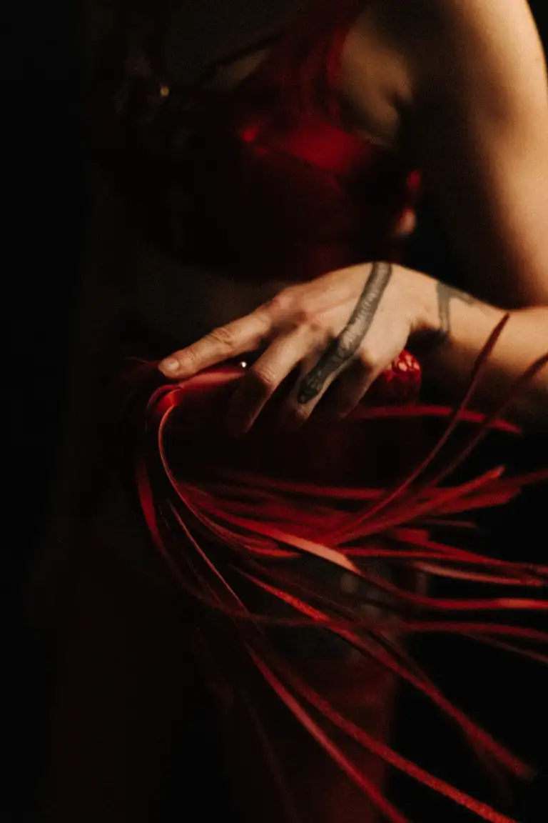Close-up photograph of a model’s hand holding a red leather whip, shot in low light for a dramatic lingerie editorial series by a Gold Coast photographer.