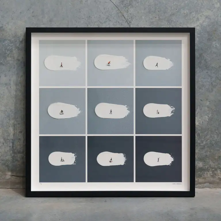 High-end eCommerce photograph of a framed grid-style fine art print showing multiple textured panels, photographed in Australia with accurate lighting and soft shadow detail.
