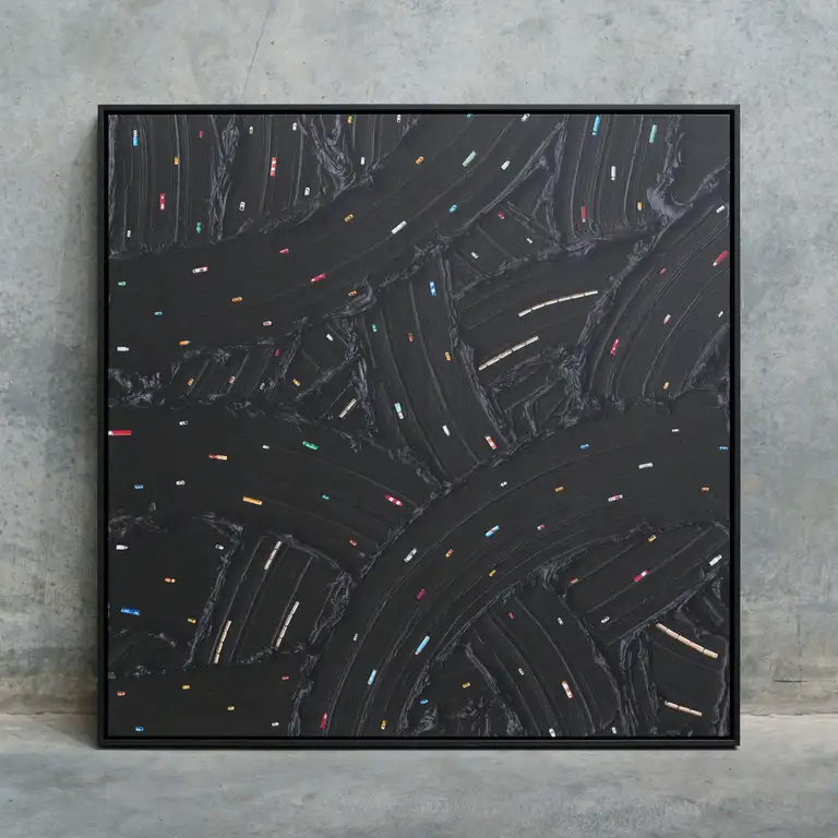 Framed contemporary fine art print photographed against a concrete wall, showing texture, brush detail, and true-to-life colour accuracy by a Gold Coast product photographer.