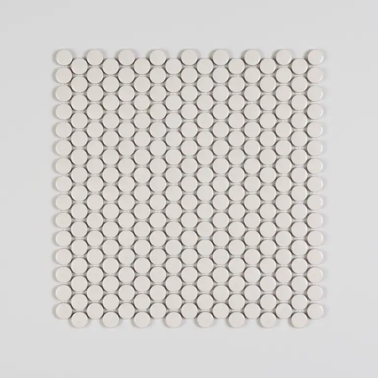 Detailed product image of small round mosaic tiles with clean surface texture and neutral background, ideal for eCommerce and interior product photography in Australia.