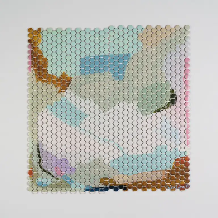 Detailed photo of a colourful abstract tile mosaic artwork, highlighting texture and surface reflection, photographed in Australia for fine art product documentation.