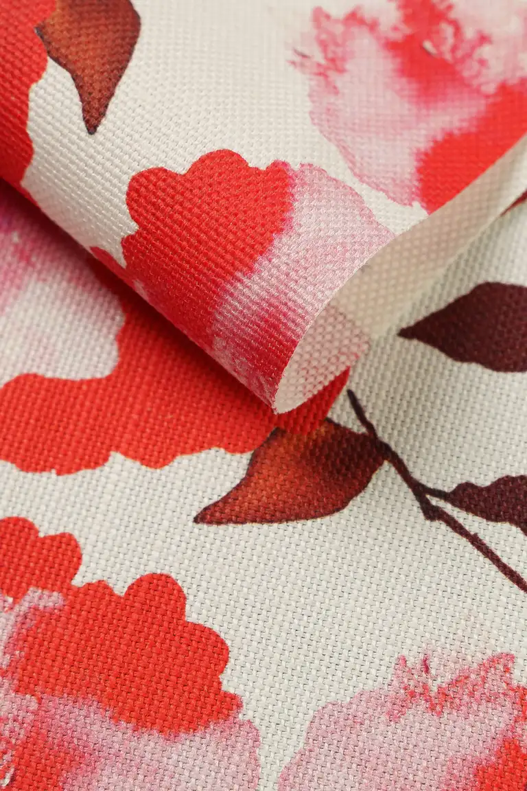 Detailed product photograph of Decor Linen Cotton fabric showing surface weave and printed floral design, photographed in Australia with professional eCommerce lighting.