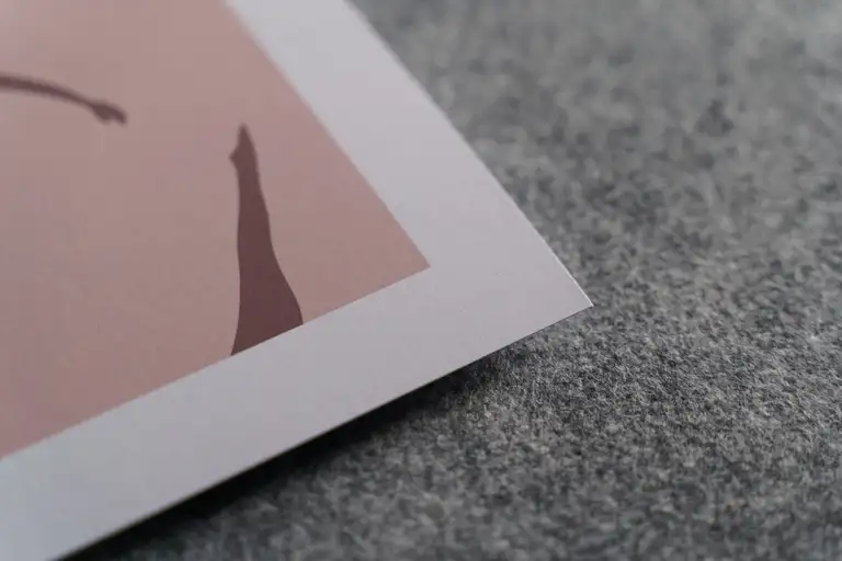 Close-up of fine art print corner on museum-grade matte paper, highlighting smooth surface texture and edge detail, photographed by a Gold Coast product photographer.