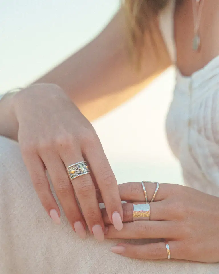 High-end eCommerce jewellery photography featuring silver and gold rings styled on hands, captured by a Gold Coast product photographer for an international jewellery brand.